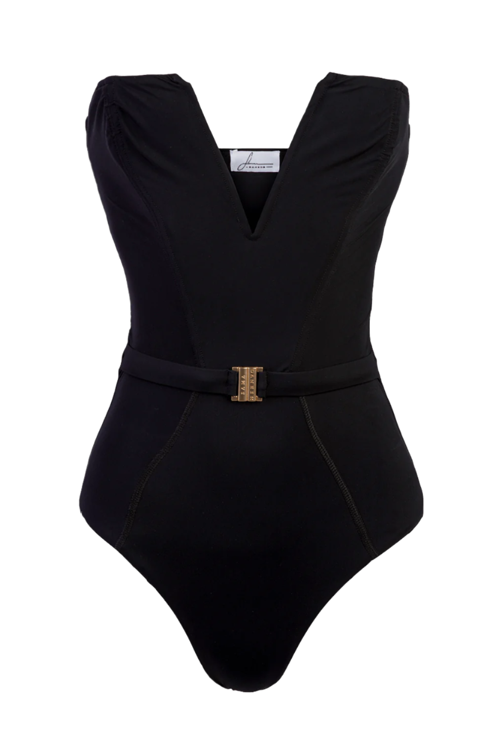 Women's Black Swimwear cut-out showing V shaped plunge with gold details