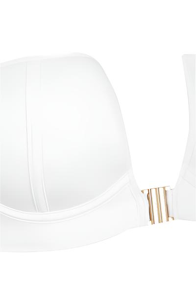 Sama Danesh White Allure Underwire Bikini Top Close up on cutout view showing underwire structure and push-up padding and gold detail for luxury.